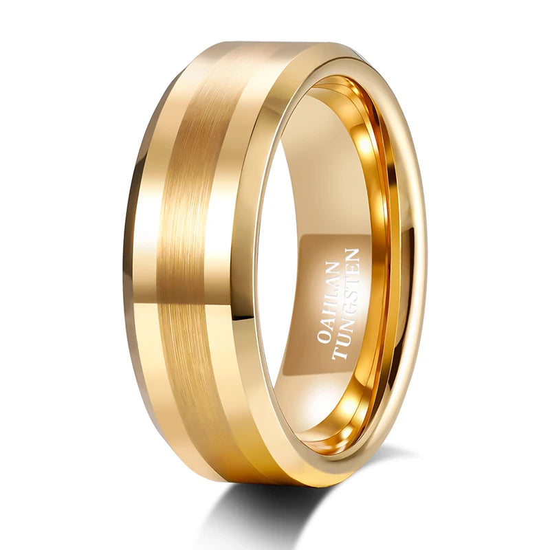 OAHLAN Customized Fashion Jewelry 8mm Gold Plated Brushed Tungsten Carbide Ring for Men Wedding Band Wholesale — shop and try on with AI characters