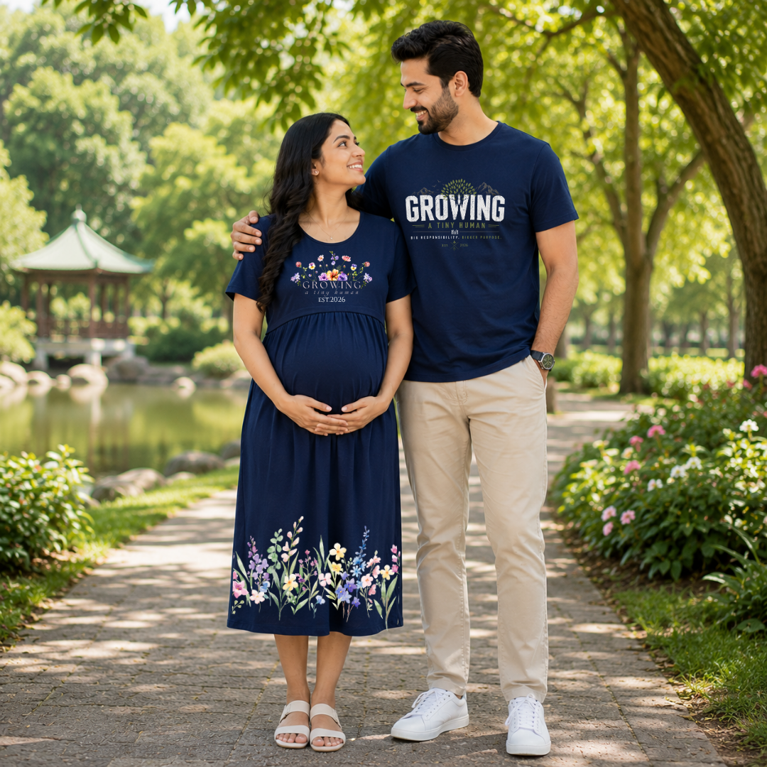 Growing a Tiny Human Feeding & Nursing Dress with Matching Dad T-Shirt — shop and try on with AI characters
