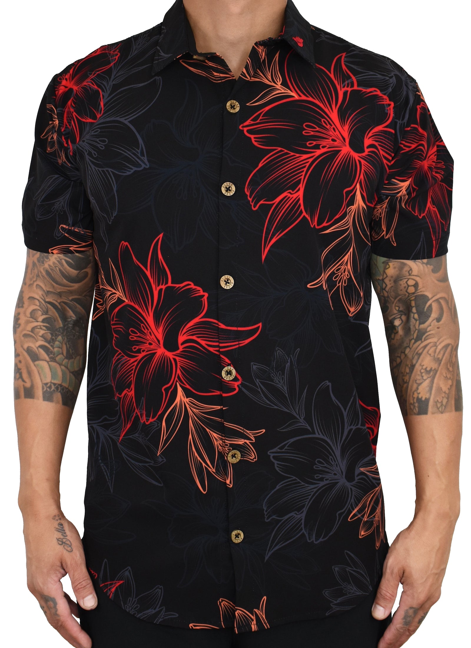 'Electric Lava Floral' ULTRA Aloha (Hawaiian) Shirt — shop and try on with AI characters