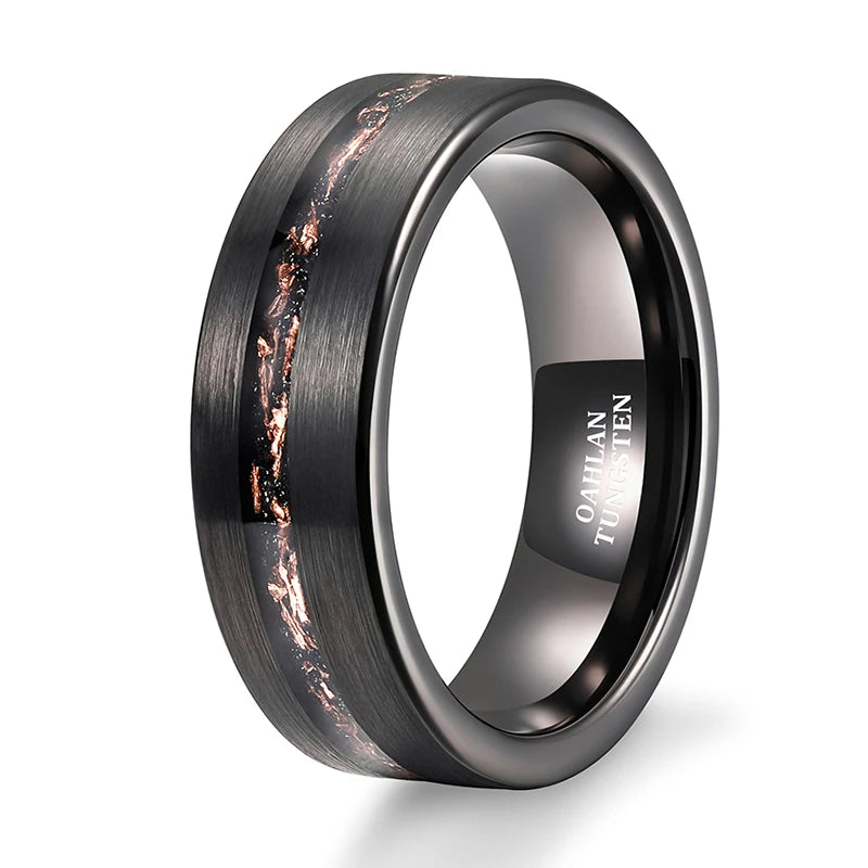 OAHLAN Fashion Jewelry 8mm Brushed Black Tungsten Carbide Ring for Men Sand Base Copper Slag Inlay Wedding Engagement Bands — shop and try on with AI characters
