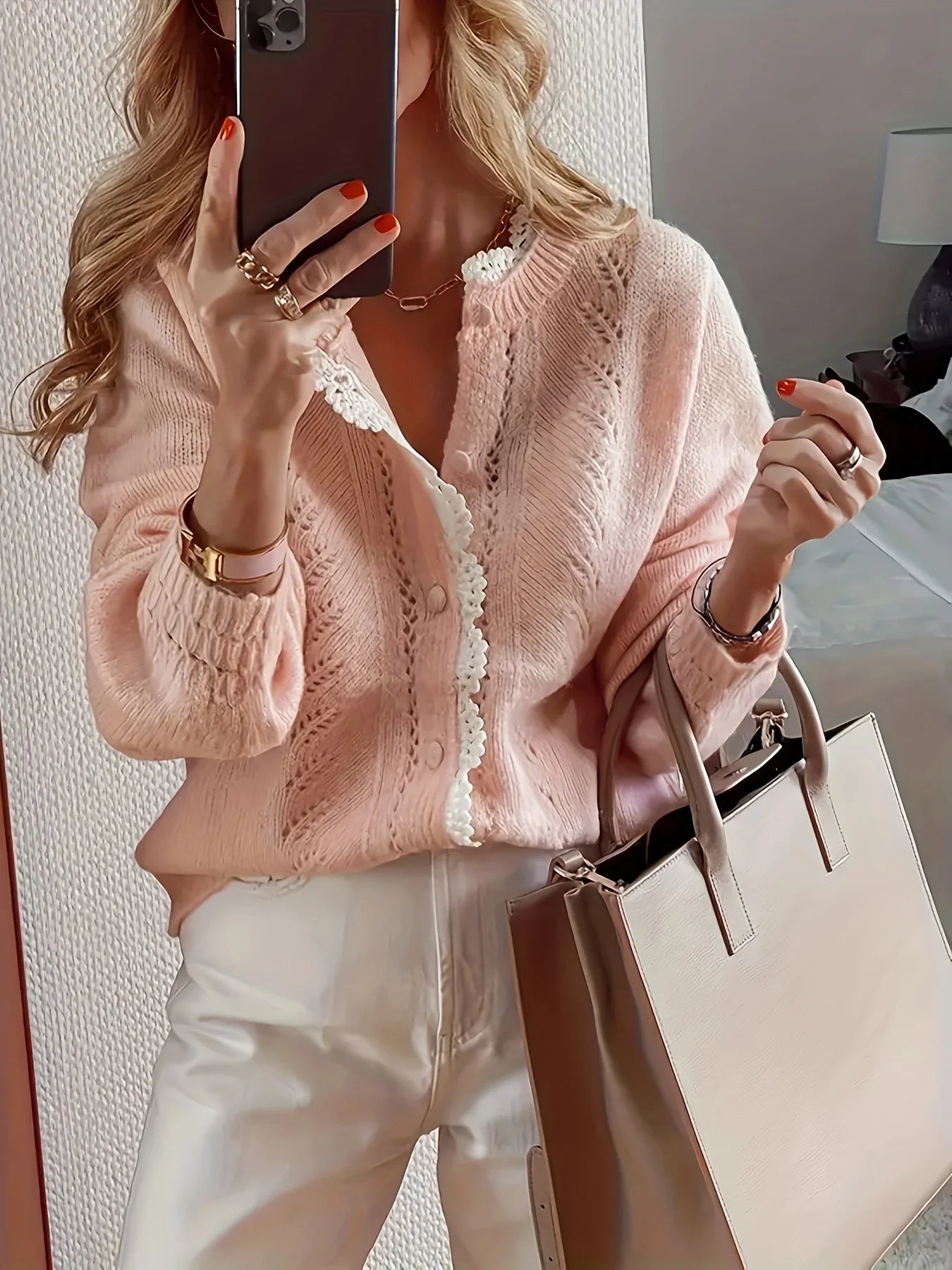 Gentle Style Short Sweater Women's Design Lace Cardigan Jacket Knitted Top — shop and try on with AI characters