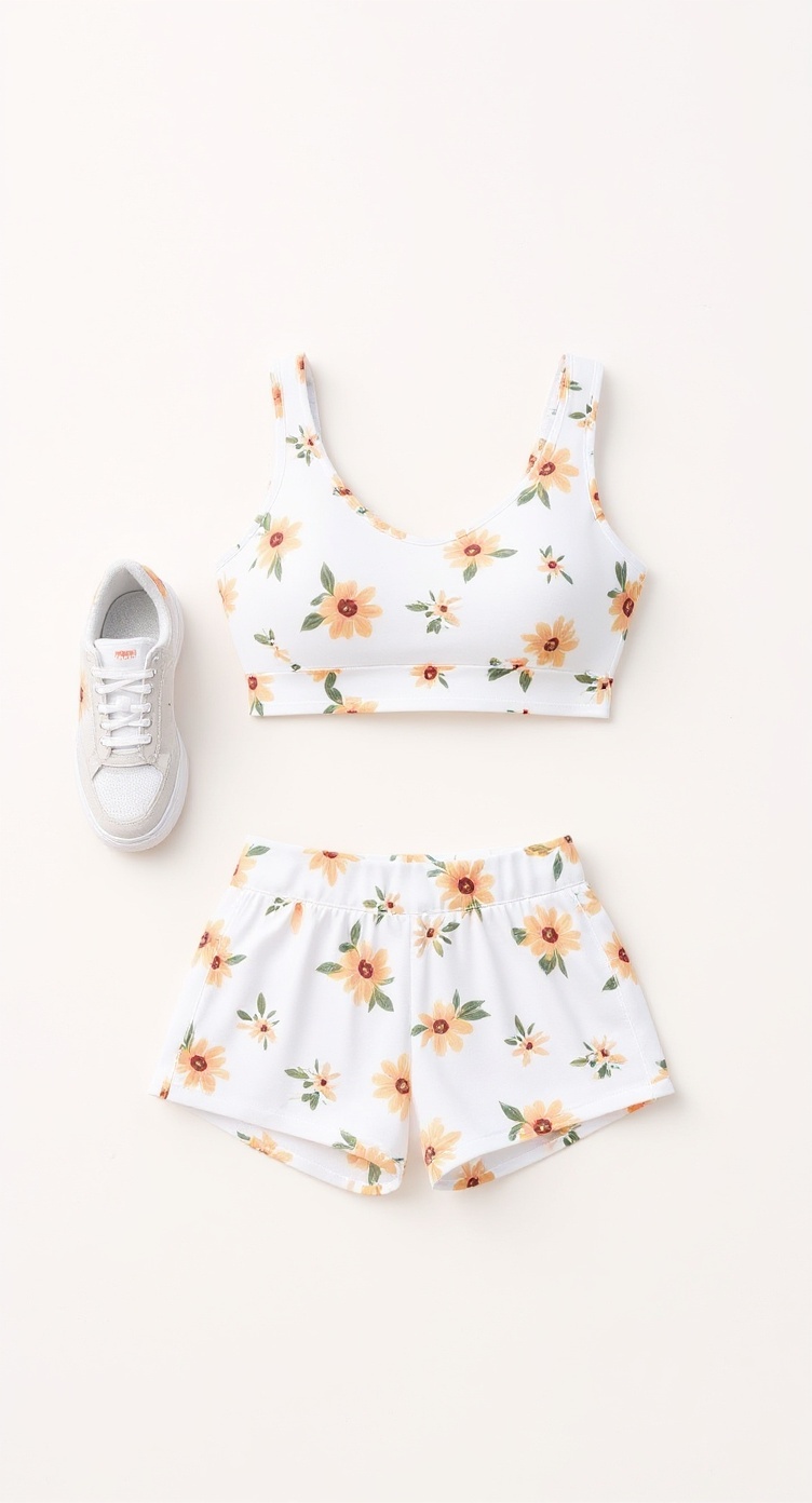A catalog flat-lay: a floral print crop top and matching shorts laid out on a plain background.
