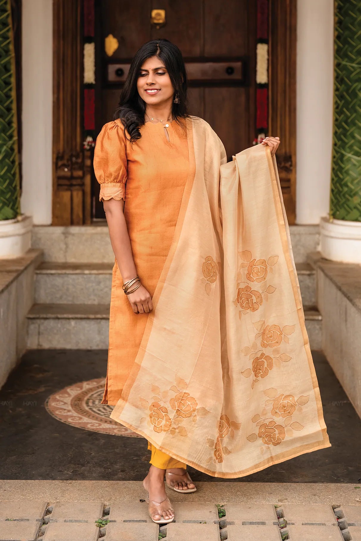 Aurel Yellow 3 Piece Tussar Silk Blend Printed Kurta with Pant & Dupatta — shop and try on with AI characters