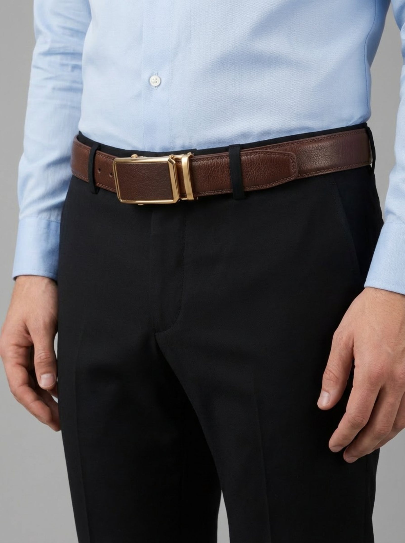 Men's Executive Automatic Leather Belt — Espresso Brown & Gold Edition — shop and try on with AI characters