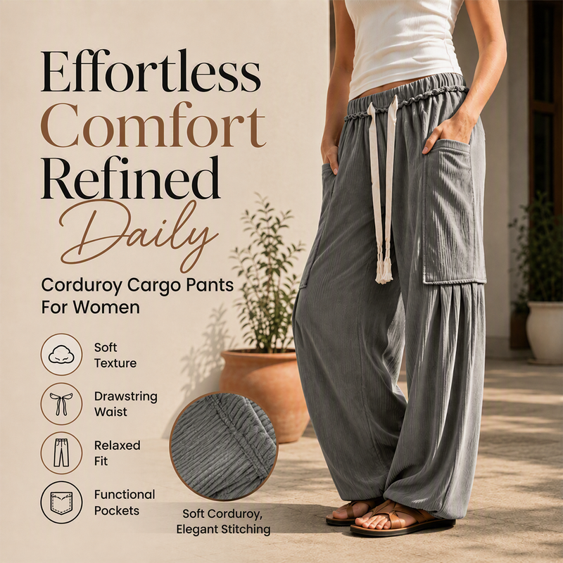 Women's Corduroy Drawstring Cargo Pants — shop and try on with AI characters