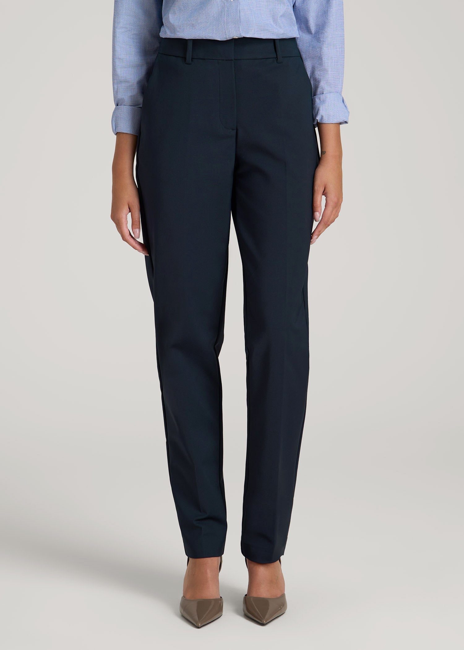Flat Front Tapered Dress Pants for Tall Women in True Navy — shop and try on with AI characters