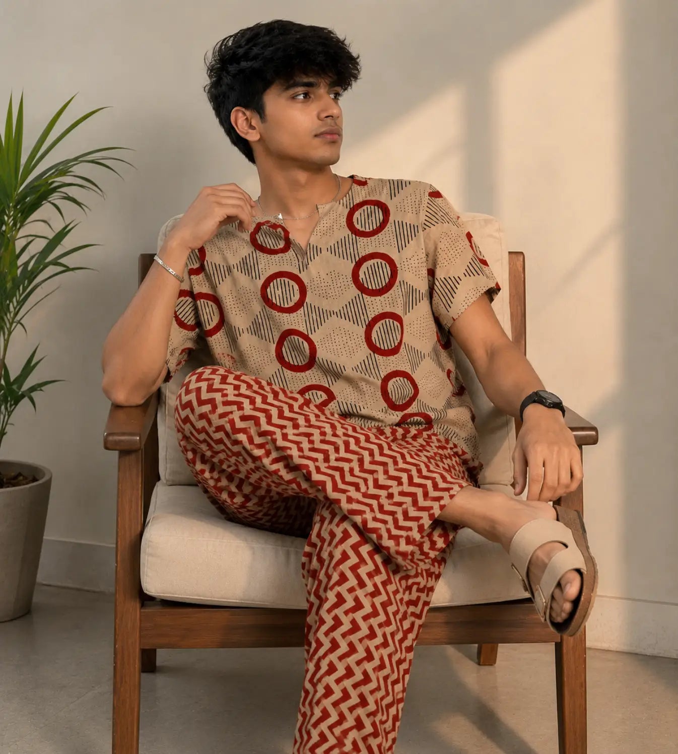 Handblock Print Cotton Mens PJ Set | Stylish Printed Short Sleeve Shirt & Relaxed Pajama Soft Breathable Comfortable Loungewear Gift for Men — shop and try on with AI characters