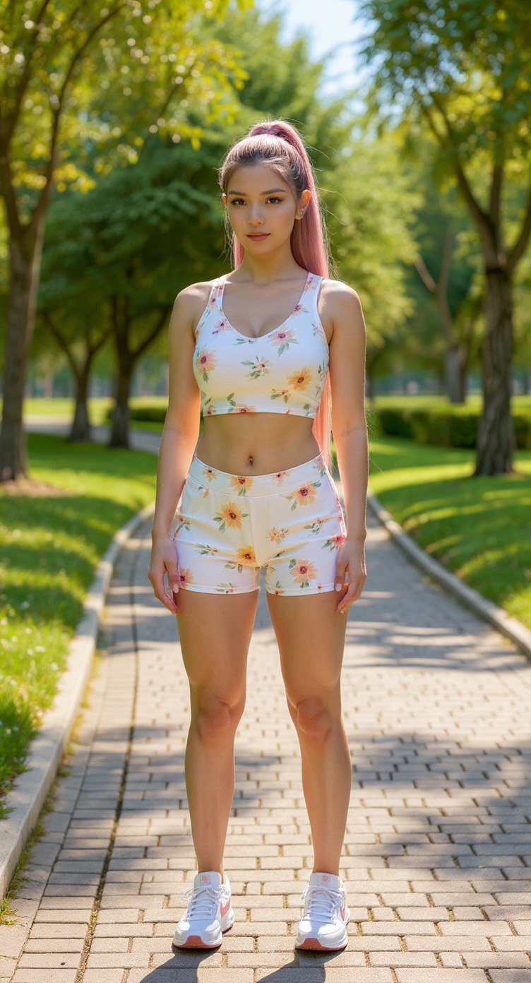 The same floral crop top and shorts worn by an AI influencer standing on a tree-lined park path.