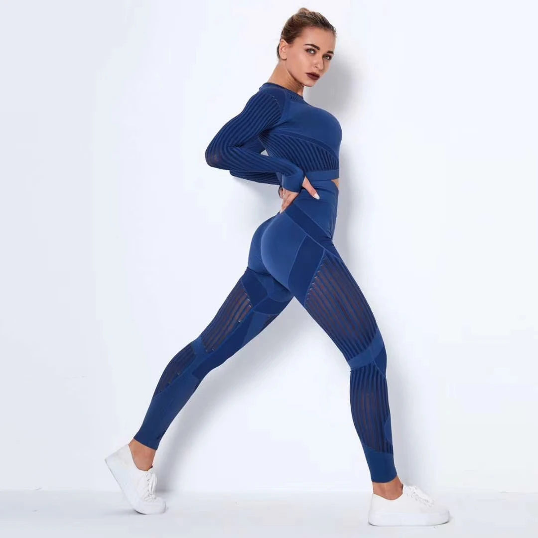 Women Seamless Gym Sets High Waist Gym Mesh Leggings Shirts Suit Long Sleeve Fitness Workout Sports Running Thin Sport Sets — shop and try on with AI characters
