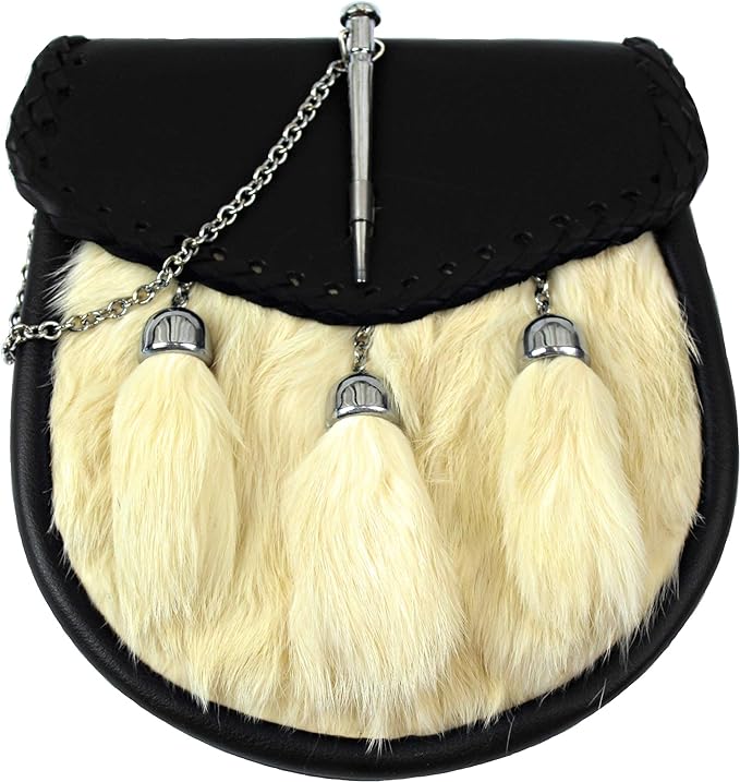 FULL DRESS KILT SPORRAN WITH LATCH PIN ON LEATHER FLAP, OFF WHITE FUR, 3 CHAINED TASSELS, AND CHAIN BELT 015 — shop and try on with AI characters
