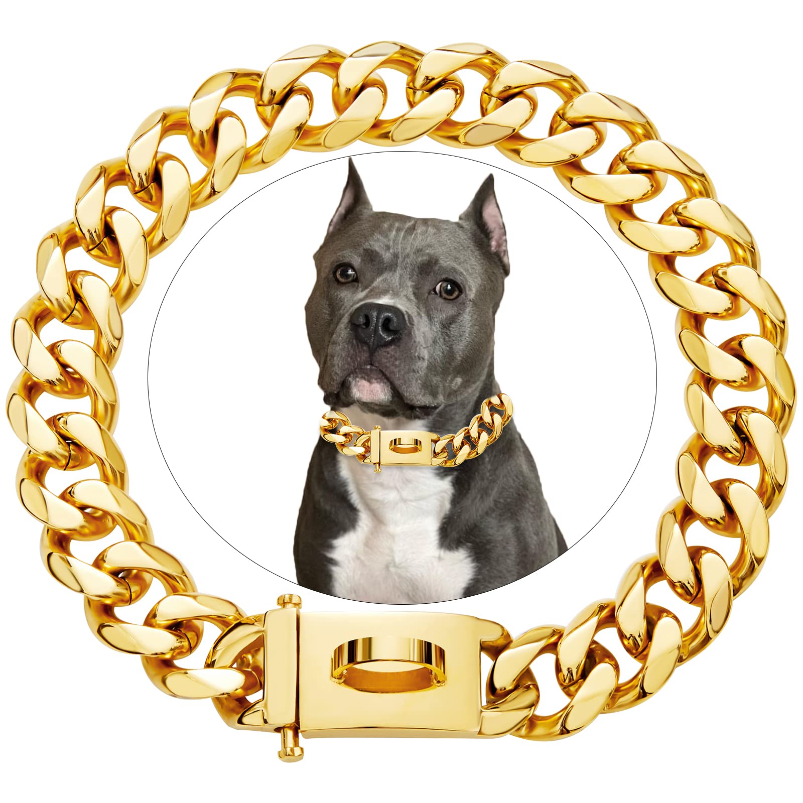 18k Gold Luxury Pet Cuban Link Dog Collar Charm Custom Engrave ID Tags Stainless Steel Personalized Puppy Dog Collar with Premium Buckle Small Medium Large Dogs 10Inch-26Inch — shop and try on with AI characters