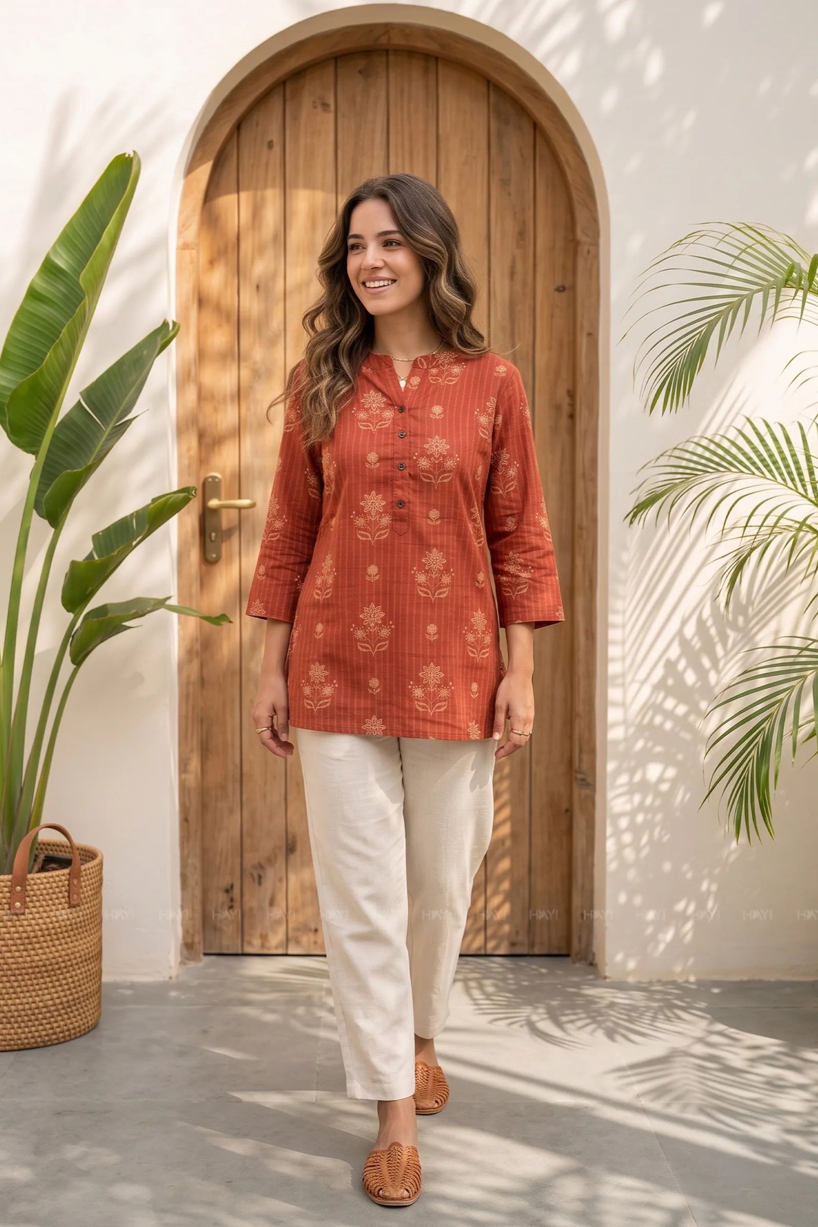 Rustic Blossom Printed Short Kurta — shop and try on with AI characters