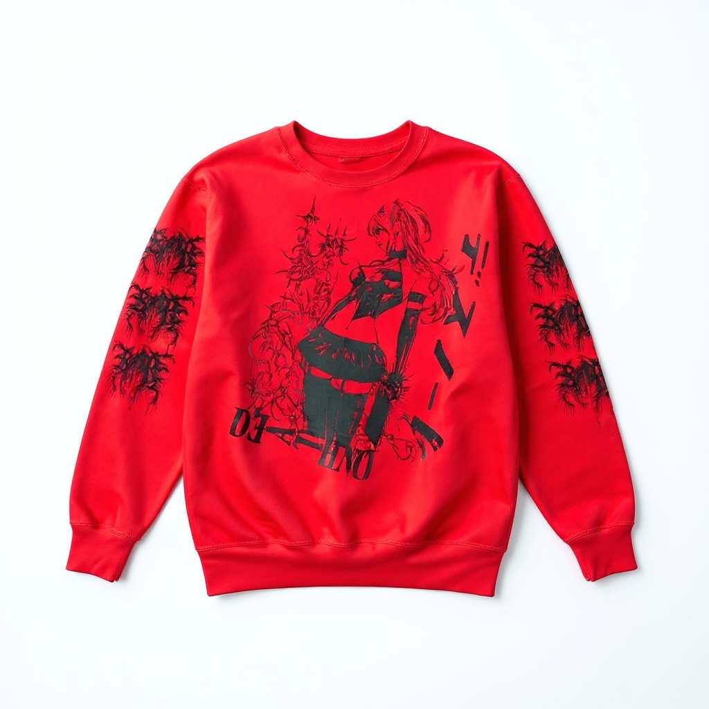 A catalog shot of a red crewneck sweatshirt with a black graphic print, on a plain background.