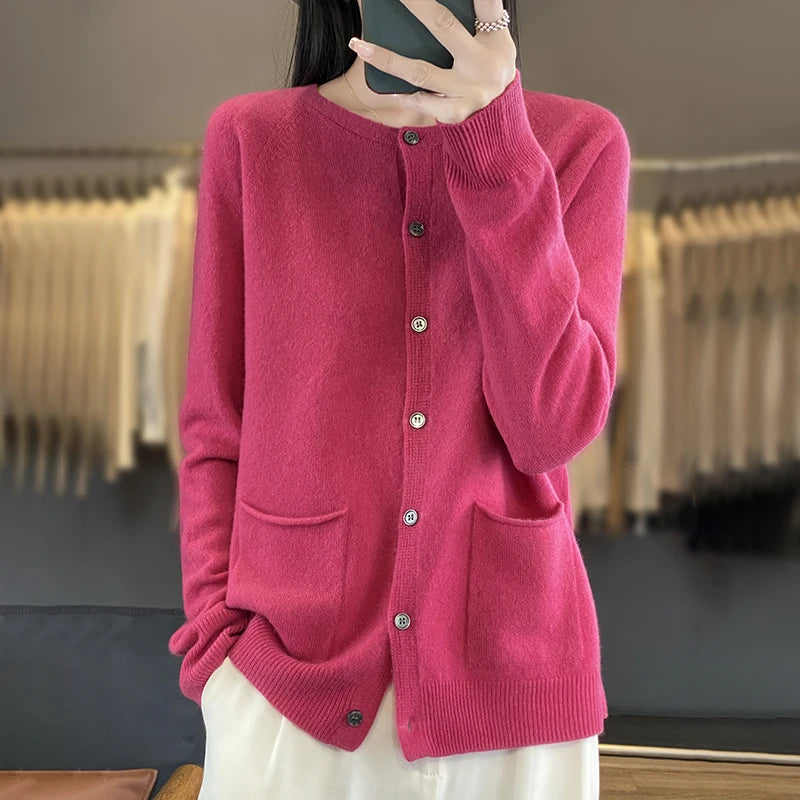 Women's Round Neck Knitted Solid Color Double Pocket Sweater For Autumn And Winter Warm And Loose Knit Cardigan Soft Wool Top ZD — shop and try on with AI characters