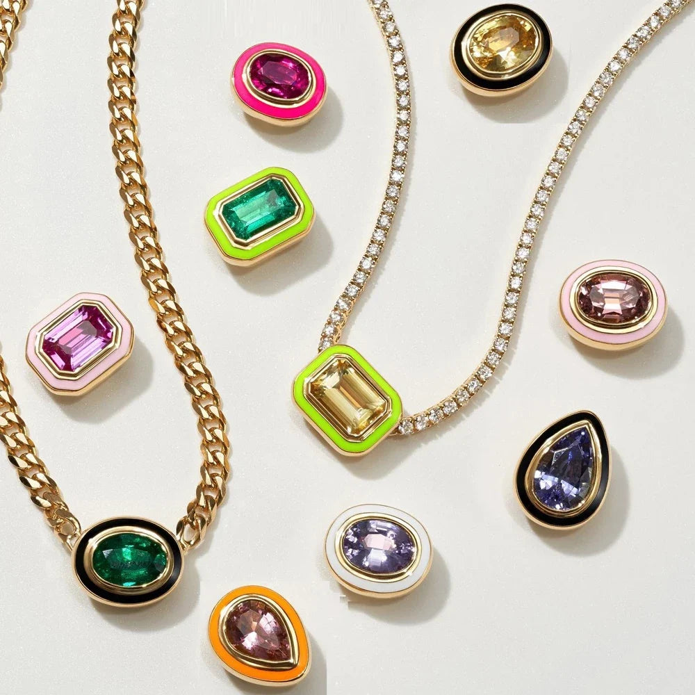 Neon Enamel Pink Heart Rectangle Charm Necklace Bling Colorful CZ Geometric CZ Beaded Tennis Cuban Chain Fashion Women Jewelry — shop and try on with AI characters
