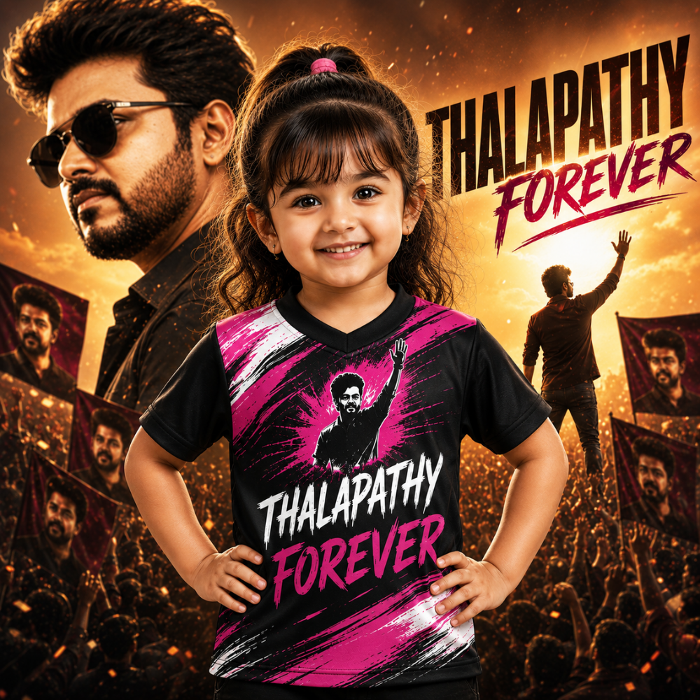 Thalapathy Forever Girls Fan Jersey | Premium Black & Pink Half Sleeve T-Shirt for Kids — shop and try on with AI characters