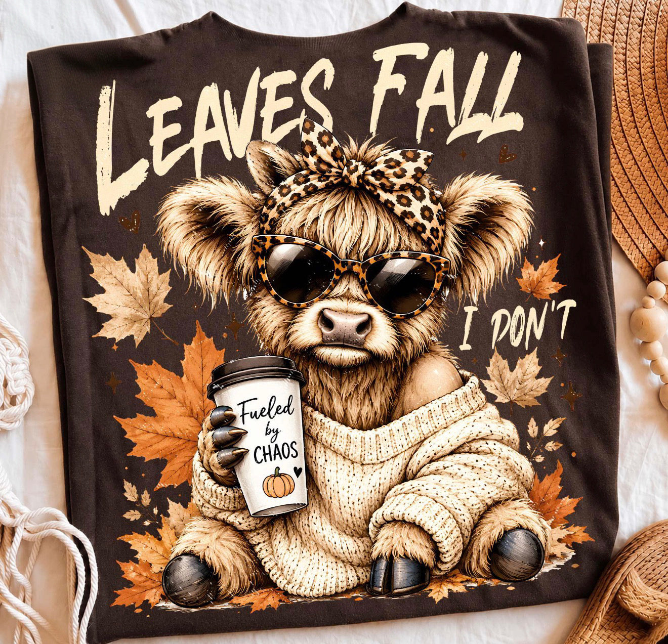 Leaves Fall Highland Cow T-Shirt — shop and try on with AI characters