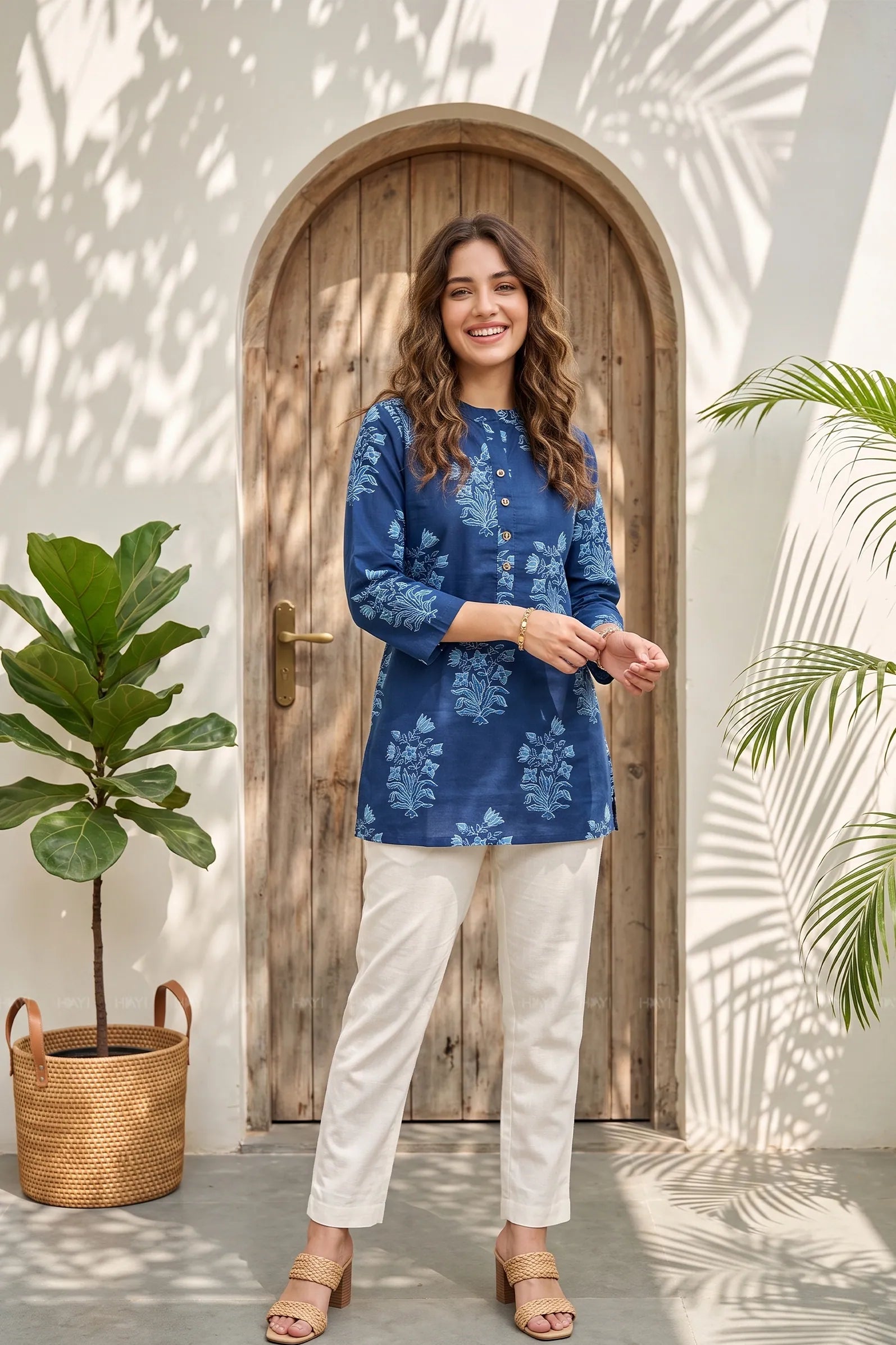 Indigo Bloom Printed Short Kurta — shop and try on with AI characters