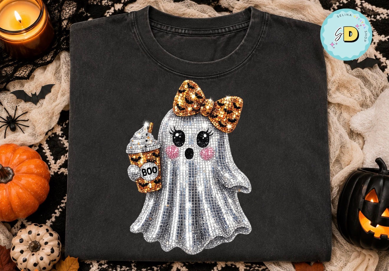 Disco Pumpkin Spice Ghost Tee — shop and try on with AI characters