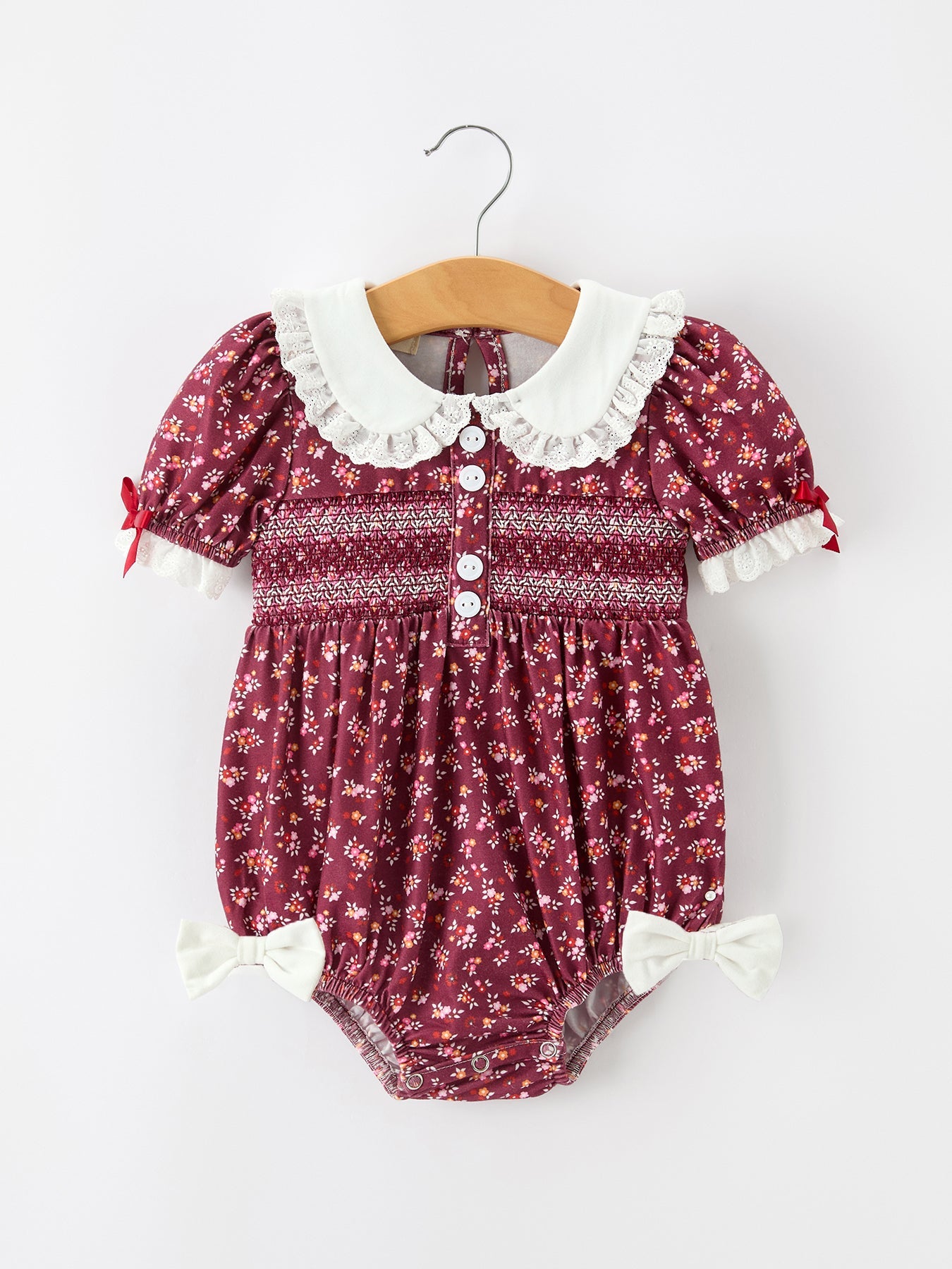 Burgundy Floral Smocked Baby Girl Bubble Romper Peter Pan Collar — shop and try on with AI characters