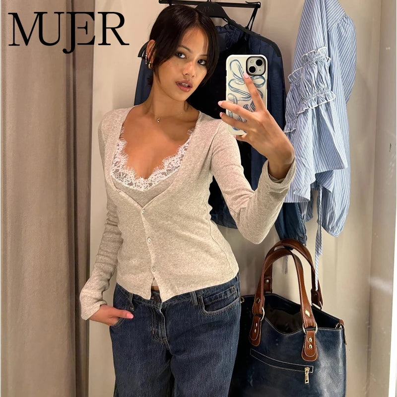 MUJER Lace Cropped Cardigan Women Button up Knit Tops Woman Vintage Knitwears Long Sleeve Knitted Cardigans Sweaters for Women — shop and try on with AI characters