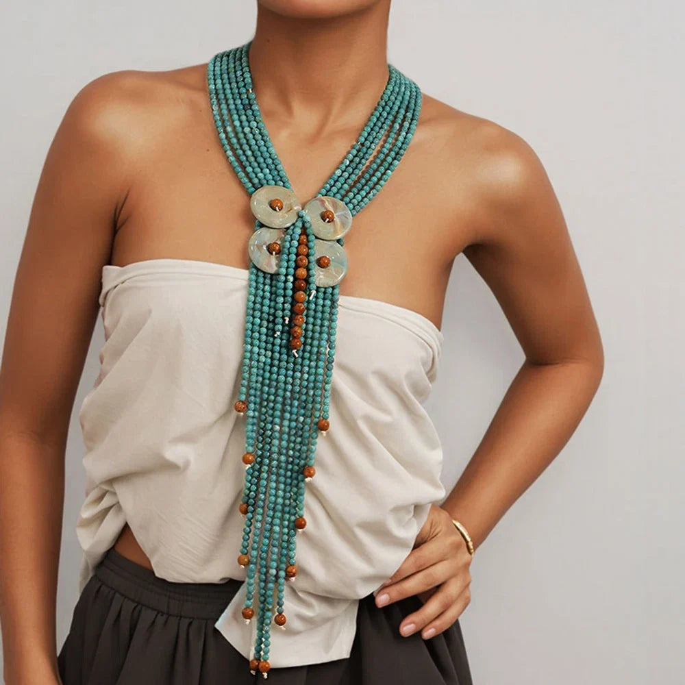 Statement Boho Long Acrylic Bead Necklace Handmade for Women Wedding Party Jewelry — shop and try on with AI characters