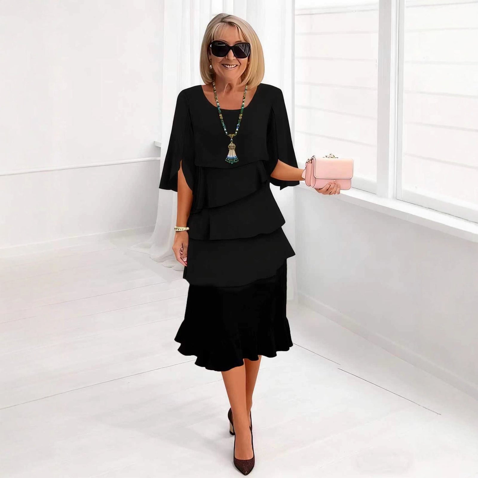 2025 New Amazon Foreign Trade Spring and Summer Fashion Cake Dress Women's Elegant Loose Slimming Round Neck Dress Women — shop and try on with AI characters