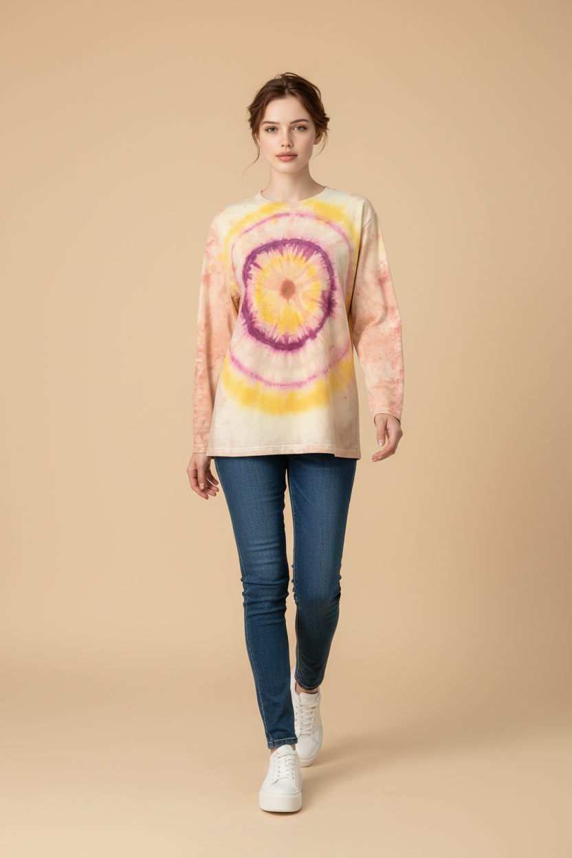 Long sleeved T shirt “circles of the sun” — shop and try on with AI characters