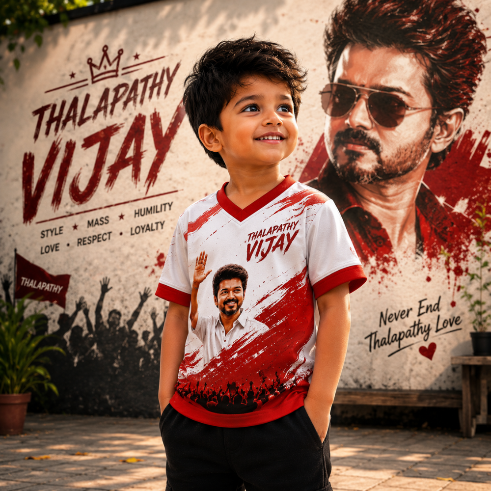 Thalapathy Vijay Kids Fan Jersey | Premium White & Red Half Sleeve T-Shirt for Boys — shop and try on with AI characters