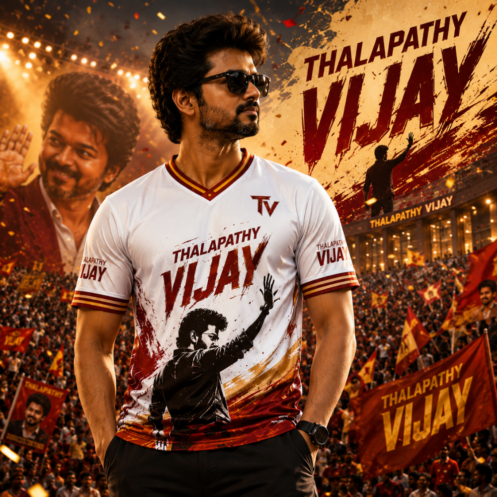 Thalapathy Vijay Fan Jersey for Men | Premium White Half Sleeve Sports T-Shirt — shop and try on with AI characters