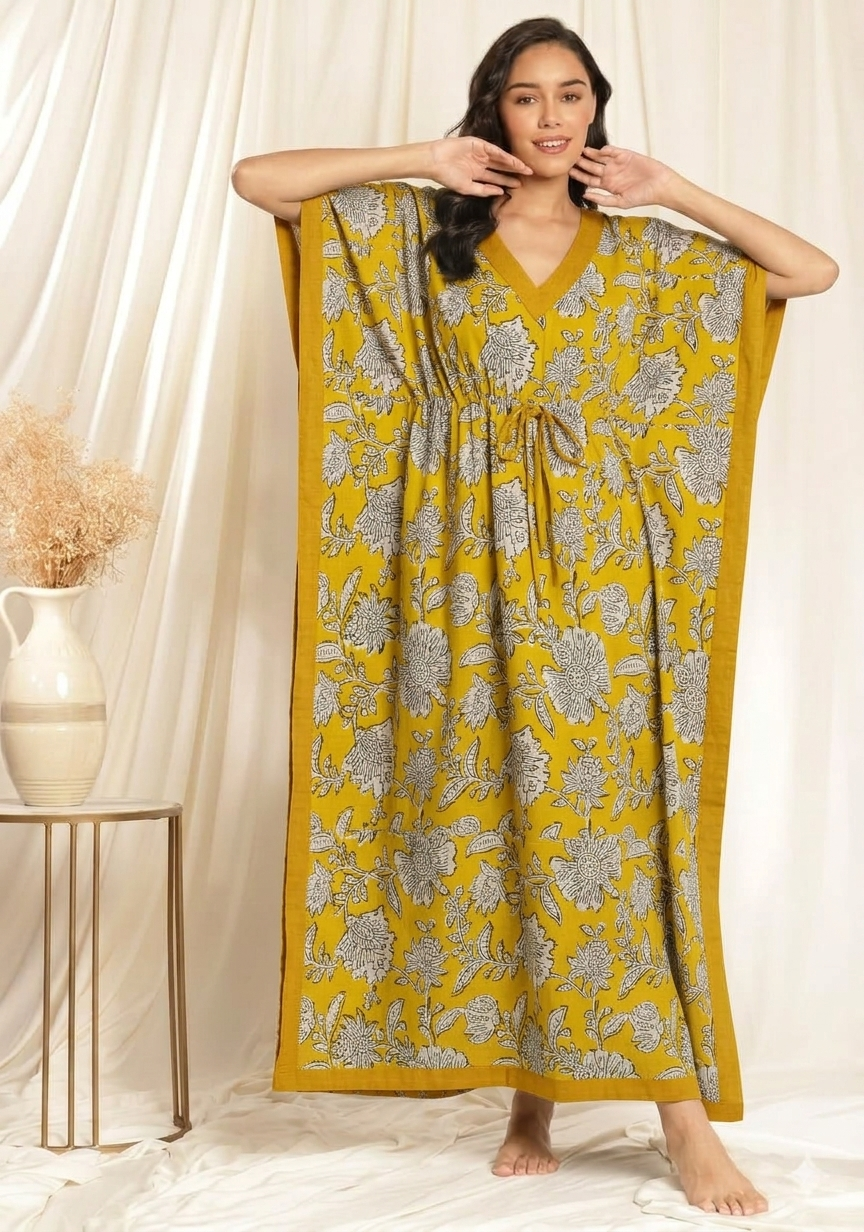 Yellow Beige Floral Printed Tie-Up Waist Cotton Kaftan — shop and try on with AI characters