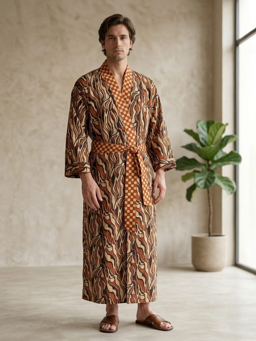 Mens Kimono Robe Cotton Handblock Dress, Indian Printed Man House Robe, Boho Beach Coverup Dressing Gown Lightweight Loungewear Gift For Him — shop and try on with AI characters