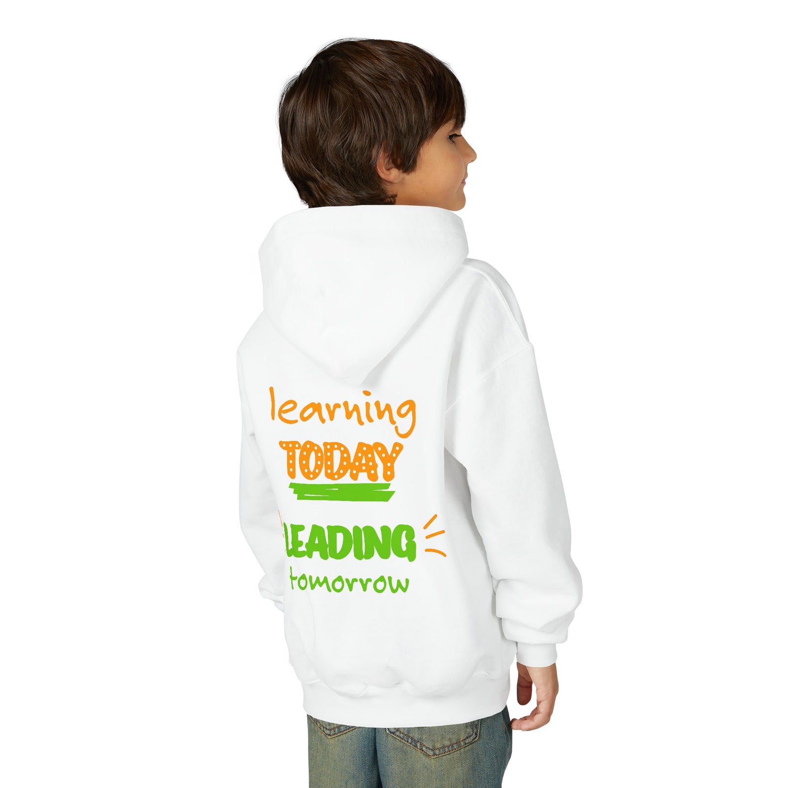 Kids Hoodie — “Learning Today, Leading Tomorrow” Inspirational Kids Hooded Sweatshirt — shop and try on with AI characters