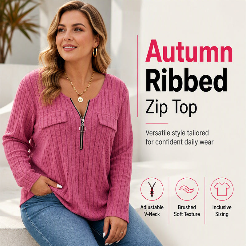 ⌛Limited-Time Offer-Women's Zipper V-Neck Ribbed Knit Long Sleeve Top — shop and try on with AI characters
