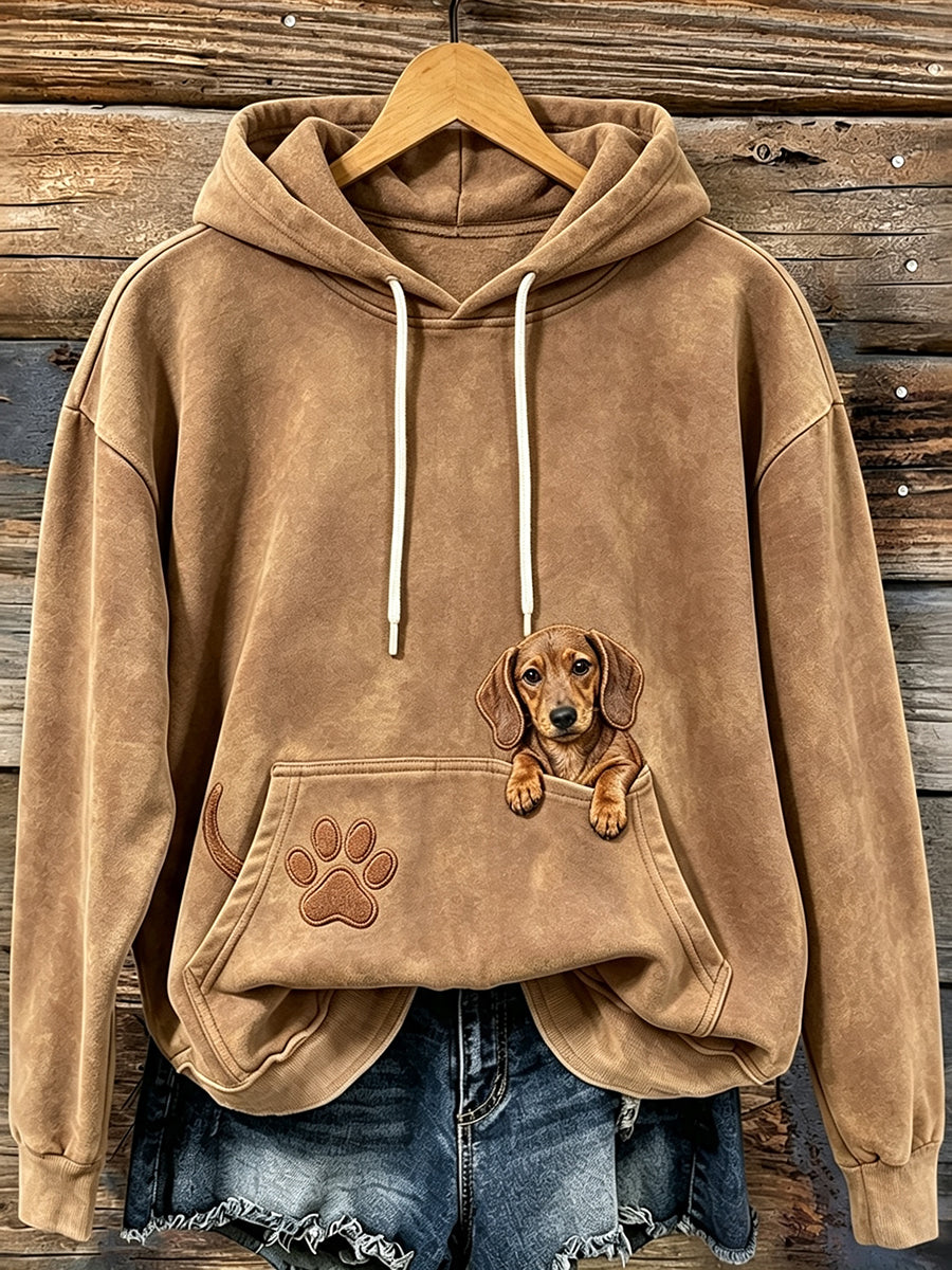 Women's Cute Peeking Dachshund Dog & Paws Print Cozy Hoodie — shop and try on with AI characters