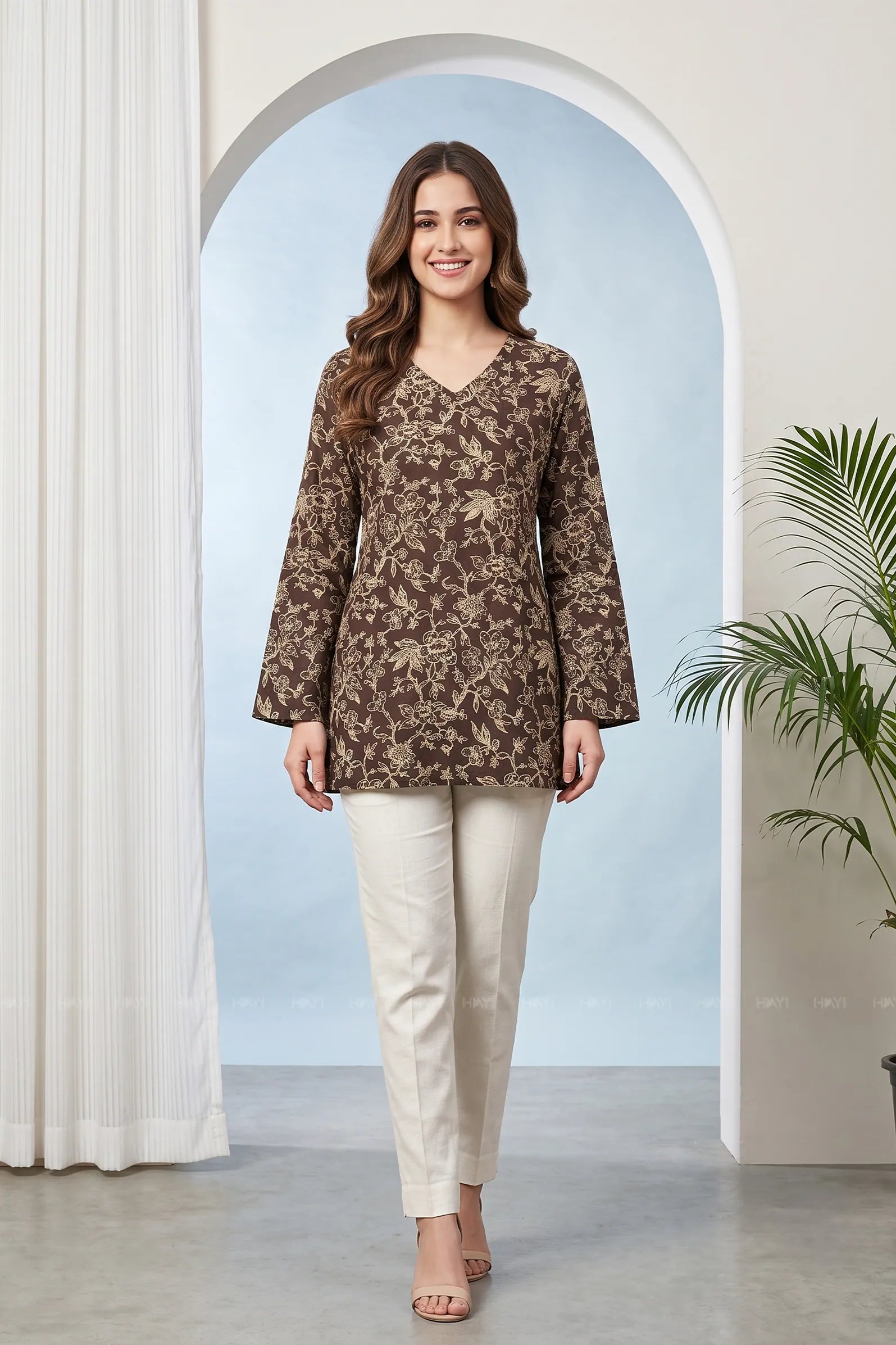 Mocha Flora Printed Short Kurta — shop and try on with AI characters