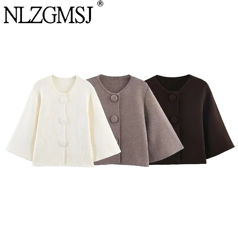 Nlzgsmj 2026 Women Fashion Brown Button Decoration Knitted Sweater Vintage Short Sleeves Female Leisure Lady Sweaters Y2k — shop and try on with AI characters