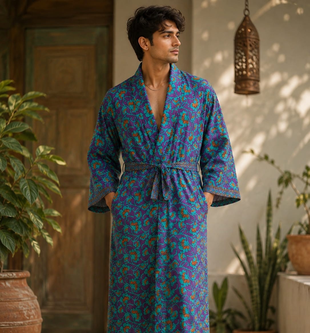 Silky Soft Mens Kimono Robe | Masculine Elegant Classic Sustainable Vintage House Robe gift, Timeless Comfy Lounge Beach Cover Up, Nightwear — shop and try on with AI characters