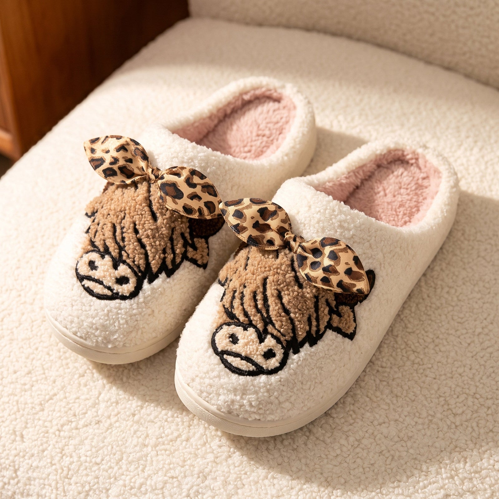 PREORDER: Highland cow with leopard bow slippers 8.24.26 OSYM — shop and try on with AI characters