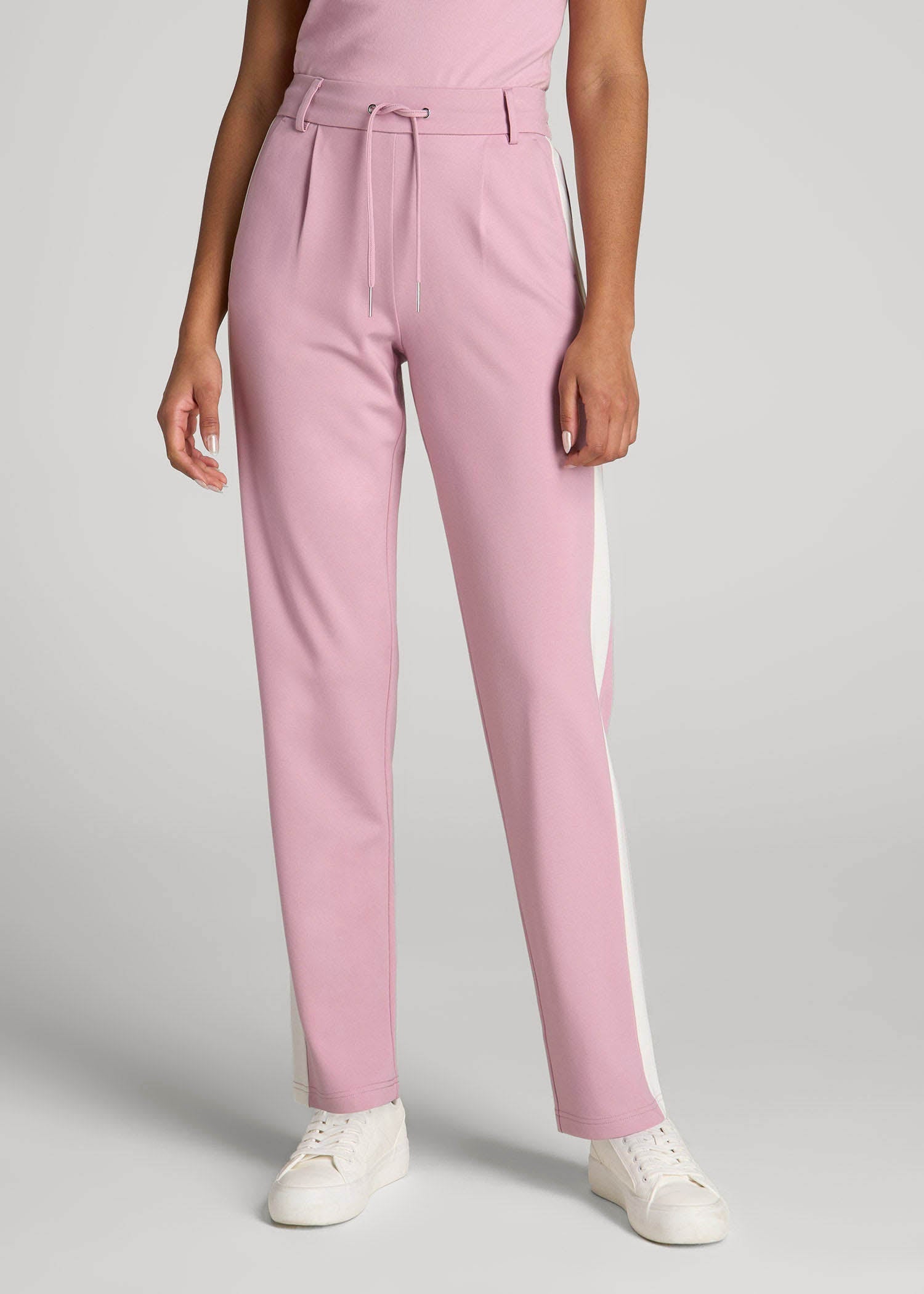 Pull On Tuxedo Stripe Pants for Tall Women in Pink Peony and White Alyssum — shop and try on with AI characters