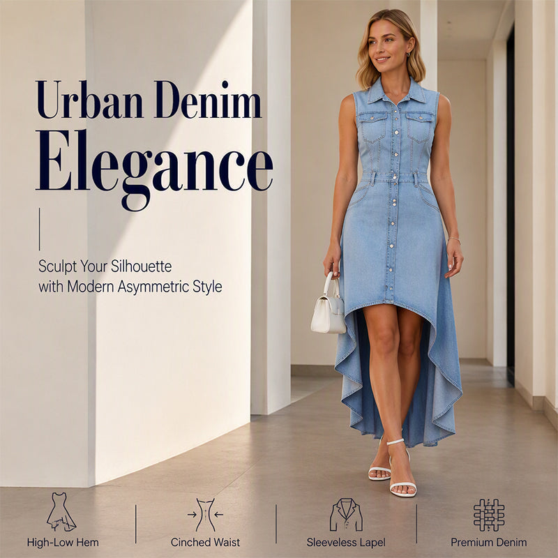 ✨ Women's Sleeveless Denim Midi Dress – Chic Asymmetrical Hem For Effortless Everyday Style 👗 — shop and try on with AI characters
