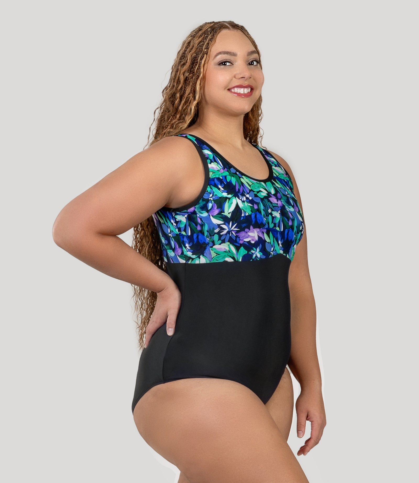 QuikEnergy Empire Tanksuit Botanical Tides Print Black — shop and try on with AI characters