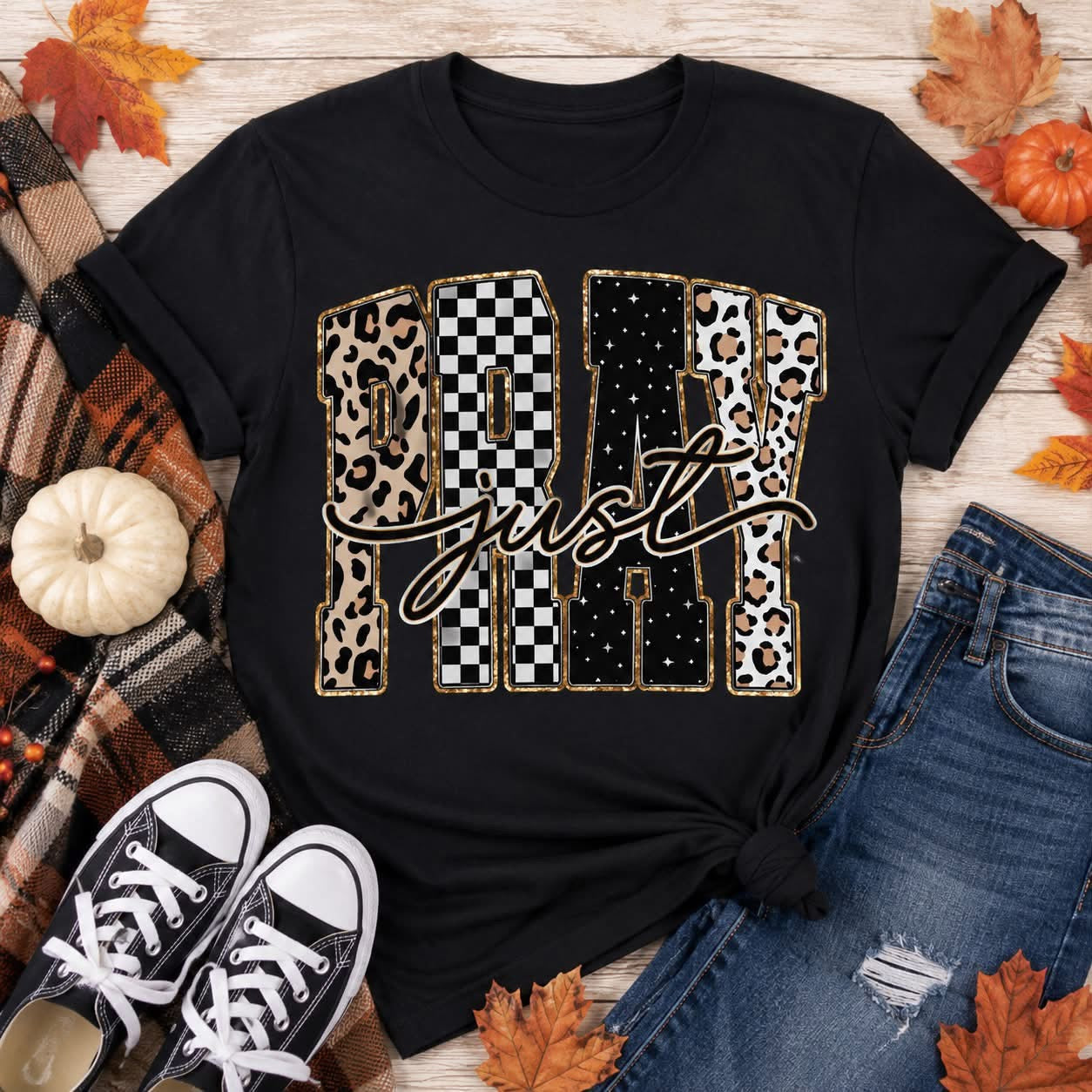 Fall Pray T-Shirt  *PREORDER* — shop and try on with AI characters
