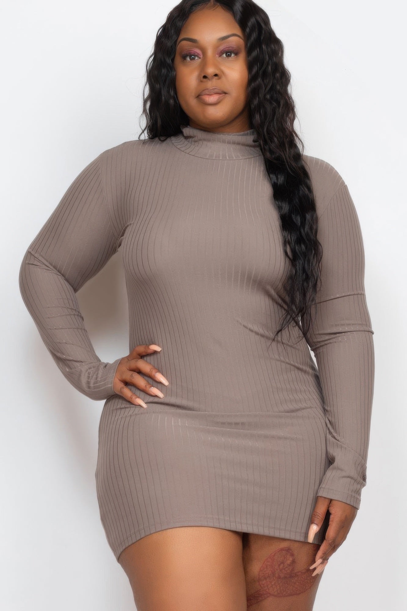 Plus Size Ribbed Long Sleeve Mock Neck Mini Bodycon Dress — shop and try on with AI characters