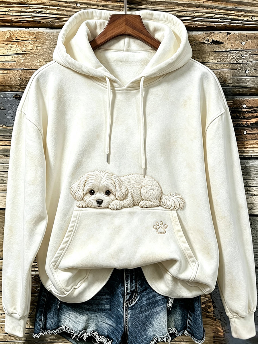 Women's Cute Peeking Maltese Dog & Paws Print Cozy Hoodie — shop and try on with AI characters