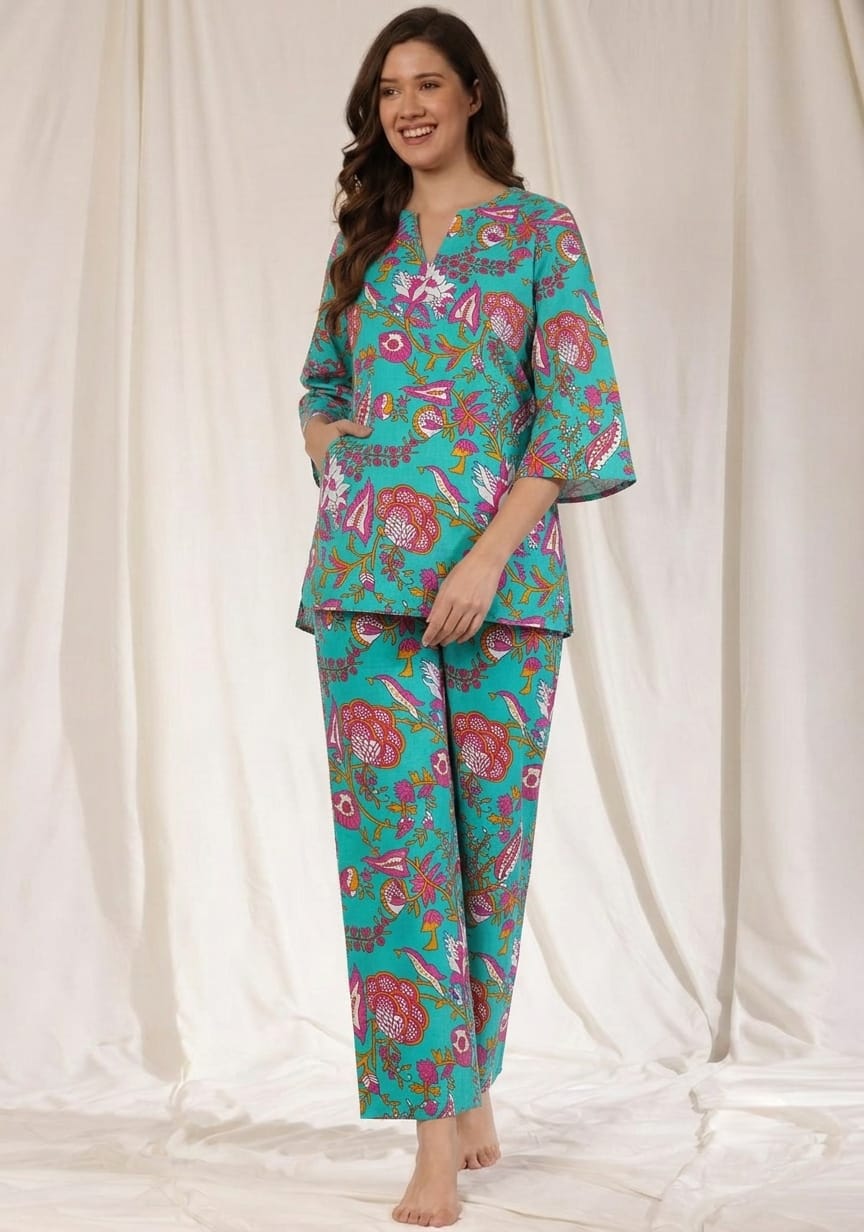 Blue Pink Floral Printed Cotton Night Suit — shop and try on with AI characters