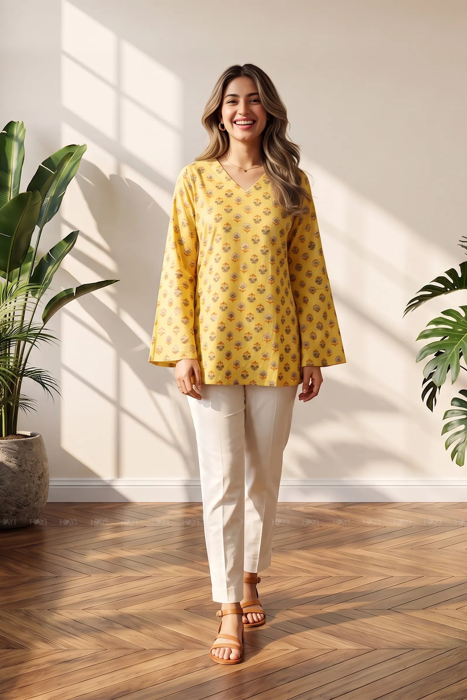 Daisy Drift Printed Short Kurta — shop and try on with AI characters