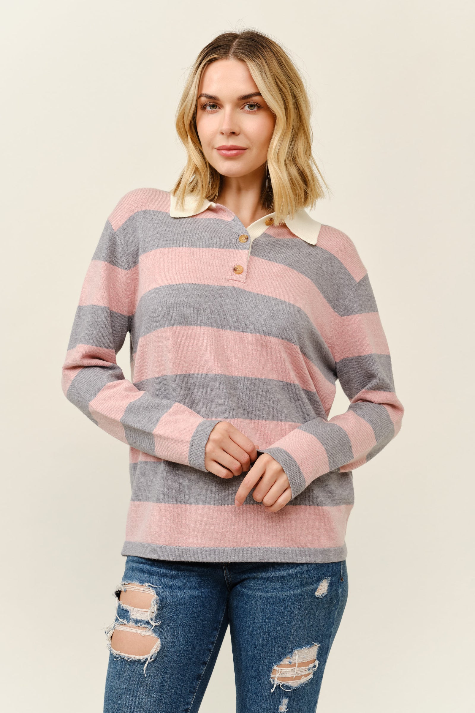 Cielo Women's Polo Wide Stripe Pullover Sweater - SW4460 — shop and try on with AI characters