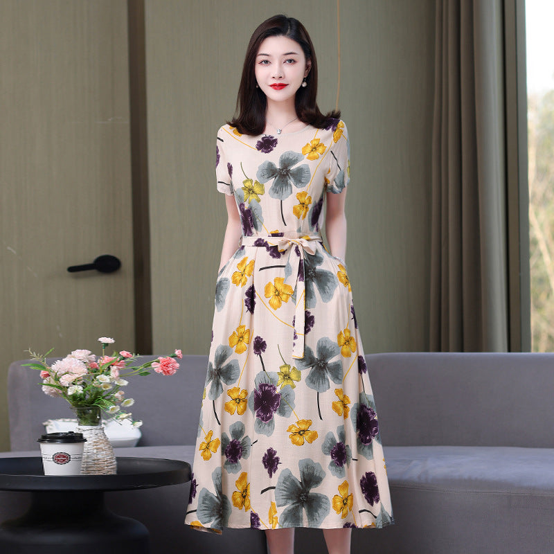 Artificial cotton silk dress women's clothing 2023 summer new middle-aged mother mid-length over-the-knee plus-size loose skirt — shop and try on with AI characters