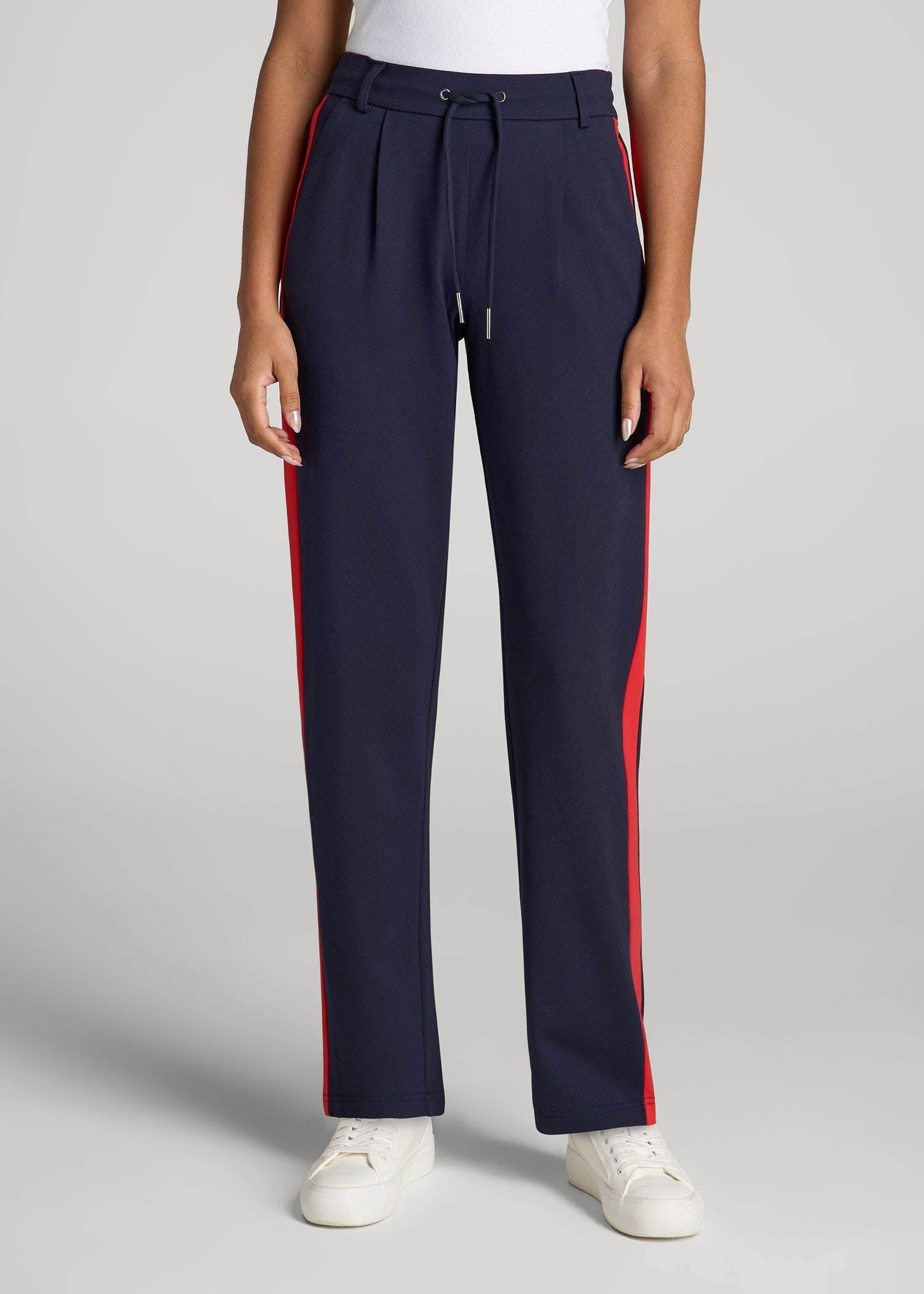 Pull On Tuxedo Stripe Pants for Tall Women in True Navy and Radiant Red — shop and try on with AI characters